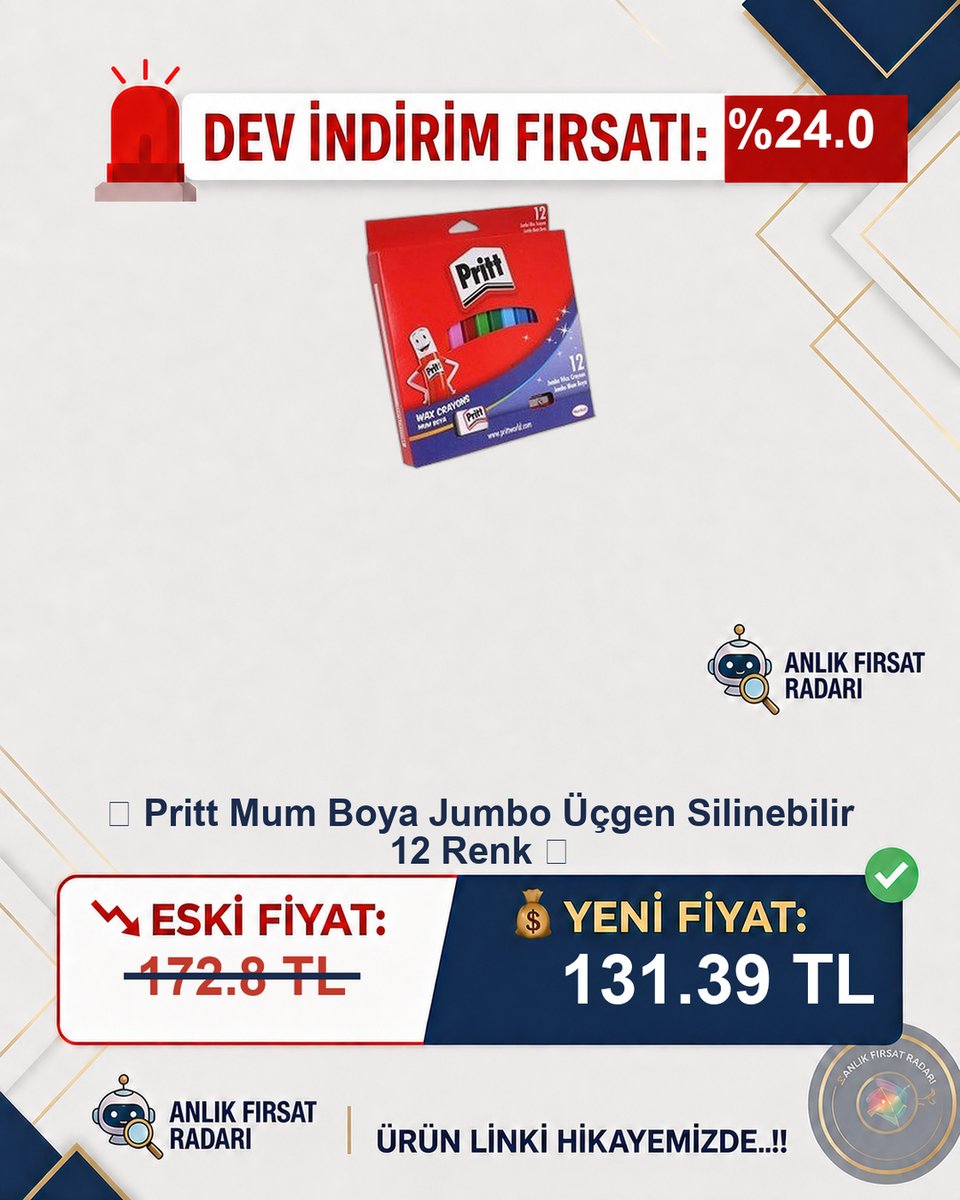 anfirsat's tweet photo. 🚨 %%24.0 DEV İNDİRİM!
📦 📦 Pritt Mum Boya Jumbo Üçgen Silinebilir
12 Renk 💰...
📉 Eski: 172.8 TL
💰 Yeni: 131.39 TL
🔗 Fırsat Linki: https://t.co/Hg6mc1dt2O
#Pritt #MumBoya #Sanat https://t.co/mwhBWkE9Fp