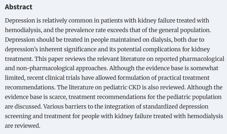 CKJsocial's tweet photo. Treating depression in dialysis patients: pharmacological and non-pharmacological approaches

https://t.co/0Al7d9y9I8 https://t.co/RTxwWAxC23