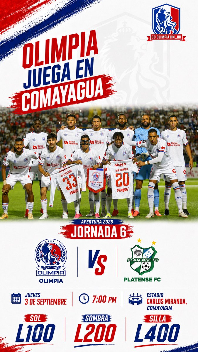 CDOlimpiaHN_HD's tweet photo. ¡COMAYAGUA SE VISTE DE BLANCO! 🦁⚪🔵🔴
El Albo vuelve a la cancha y vamos con todo a seguir haciendo historia. 💪🏽🏆
¡TODOS JUNTOS POR EL REY DE COPAS! 🦁🤍
#Olimpia #CDOlimpia #ElAlbo #VamosOlimpia #Comayagua https://t.co/d59QLxNgzi