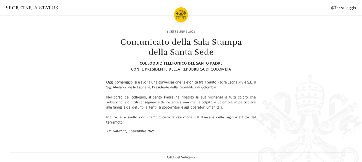 Comunicato della Sala Stampa della Santa Sede: Colloquio Telefonico del Santo Padre con il Presidente della Repubblica di Colombia