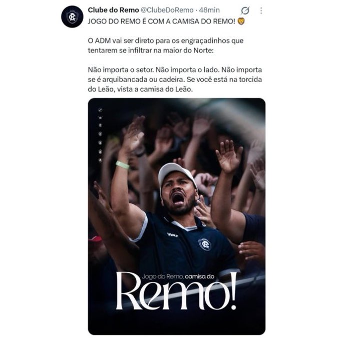 UrubuTT_'s tweet photo. ⚠️ LAMENTÁVEL! 

Olhem só a publicação do adm da página oficial do Remo, para o jogo contra o Flamengo domingo.

Já houve jogos deles contra o Vasco, Palmeiras, Cruzeiro que tem grandes torcidas no estado e NÃO TEVE absolutamente nada sobre o assunto.

Abaixo o por que da raiva: https://t.co/HzJ8FIAovY