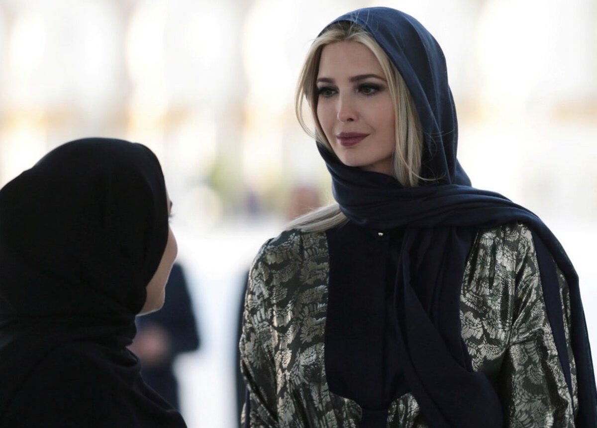 mehdirhasan's tweet photo. Aside from the hypocrisy of Shapiro accompanying Trump when he wears a kippah, here’s Ivanka Trump and Karoline Leavitt both wearing hijabs while visiting a mosque (in the UAE, of course, not American!)
Did Shapiro criticize them too or just Democrats? https://t.co/KlOM0ITcXG
