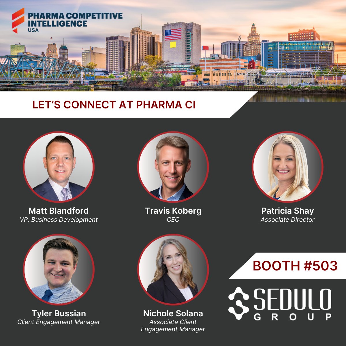 SeduloGroup's tweet photo. Are you attending Pharma CI USA 2026, September 15-17 in Newark, NJ? Stop by booth 503 and meet the Sedulo team: Matt Blandford, Travis Koberg, Patricia Shay, Nichole Solana, and Tyler Bussian.

#PharmaCIUSA #CompetitiveIntelligence #LifeSciences #Pharma #Biotech #SeduloGroup https://t.co/plyQ2srLER