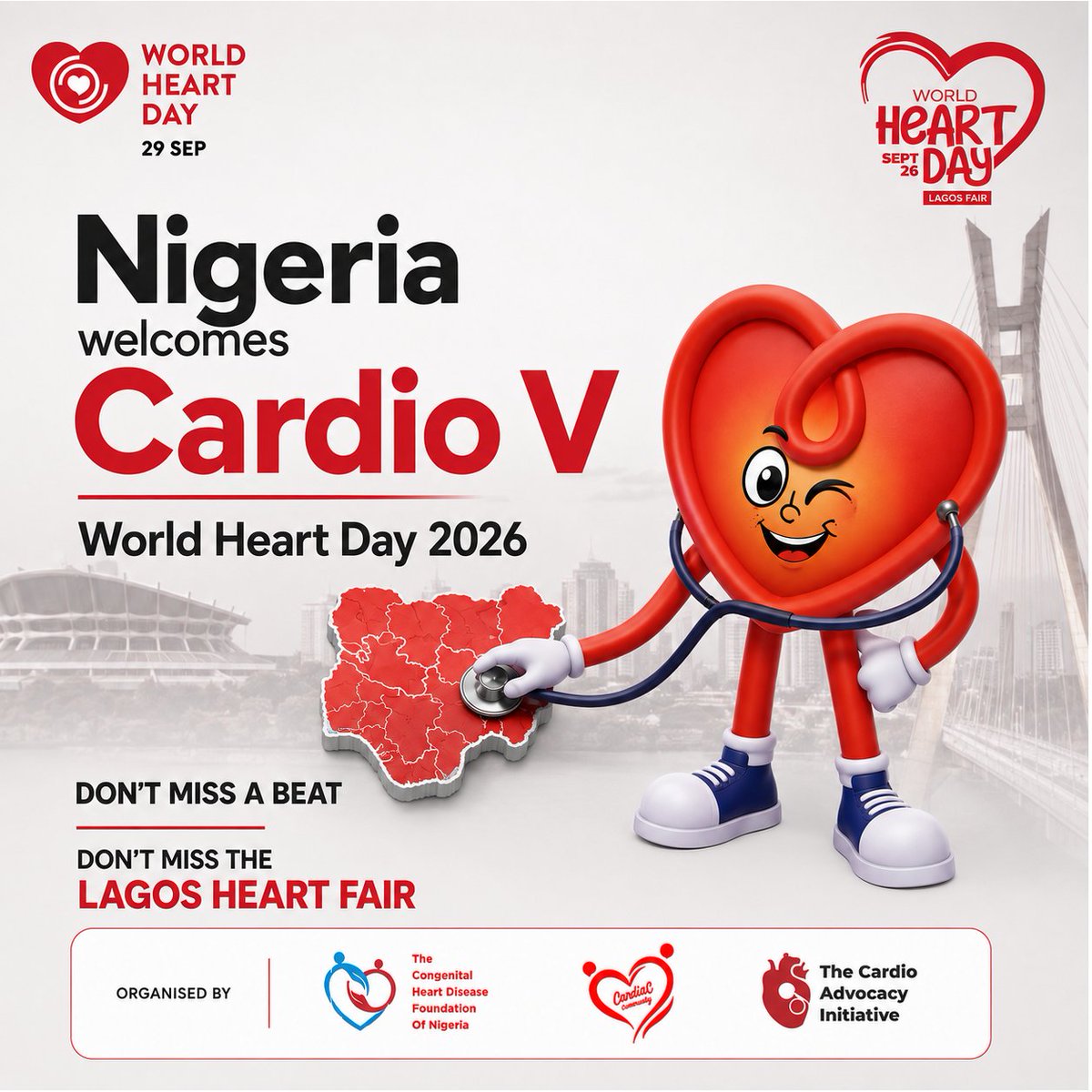 TheCardioNig's tweet photo. 𝐍𝐢𝐠𝐞𝐫𝐢𝐚 𝐖𝐞𝐥𝐜𝐨𝐦𝐞𝐬 𝐂𝐚𝐫𝐝𝐢 𝐕
We shall be having the famous Cardi V in Nigeria to celebrate the World Heart day 2026.
𝐍𝐢𝐠𝐞𝐫𝐢𝐚:
❤️Know the Signs of #CVD
❤️Protect your Heart
❤️Demand Action
#LagosHeArtFair #WorldHeartDay2026 #DontMissABeat #WHD #Nigerians https://t.co/AL2Akus9m3