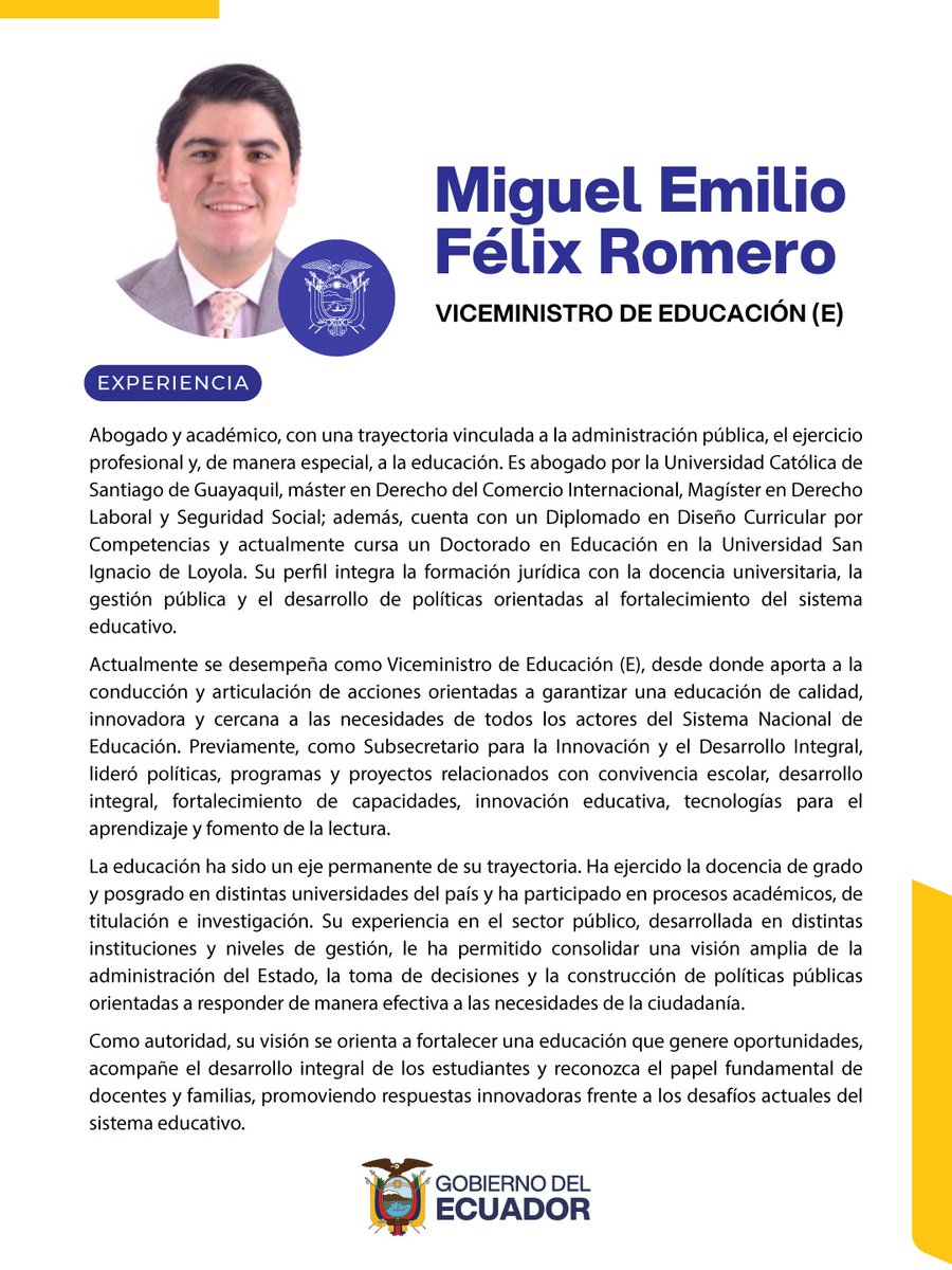 EmilioFelixR's tweet photo. Asumo con responsabilidad y compromiso el encargo como Viceministro de Educación, con la convicción de seguir sumando al equipo de la Señora Ministra @GildaAlcivarOk  y a todo lo que estamos construyendo por la educación del Ecuador. 🇪🇨

Seguimos adelante, con gestión, territorio y resultados, poniendo siempre a nuestros estudiantes en el centro de cada decisión.