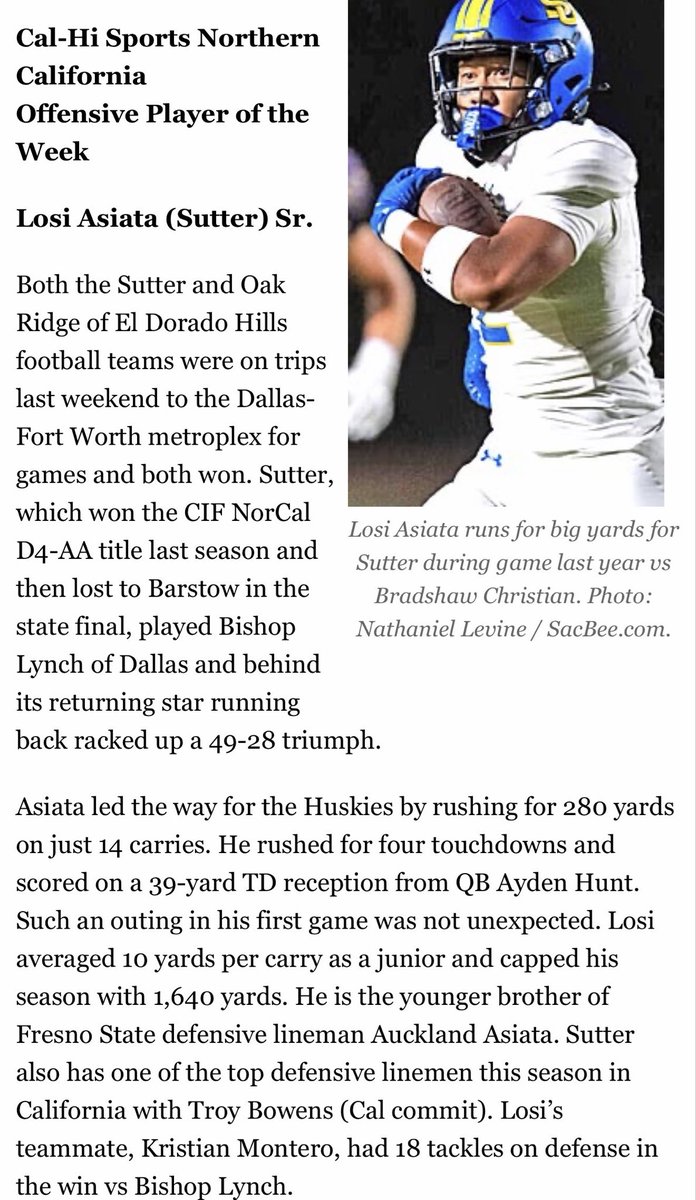 SutterFootball's tweet photo. NORCAL OFFENSIVE PLAYER OF THE WEEK 🏆
Losi Asiata put on a show in Texas. ✈️🤠
14 carries | 280 yards | 4 rushing TDs 39 yards rec 1 TD
Congratulations @AsiataLosi on being named Cal-Hi Sports Northern California @BrandonHuffman @GregBiggins @SWiltfong_ @Andrew_Ivins https://t.co/DiB4nYhIQd
