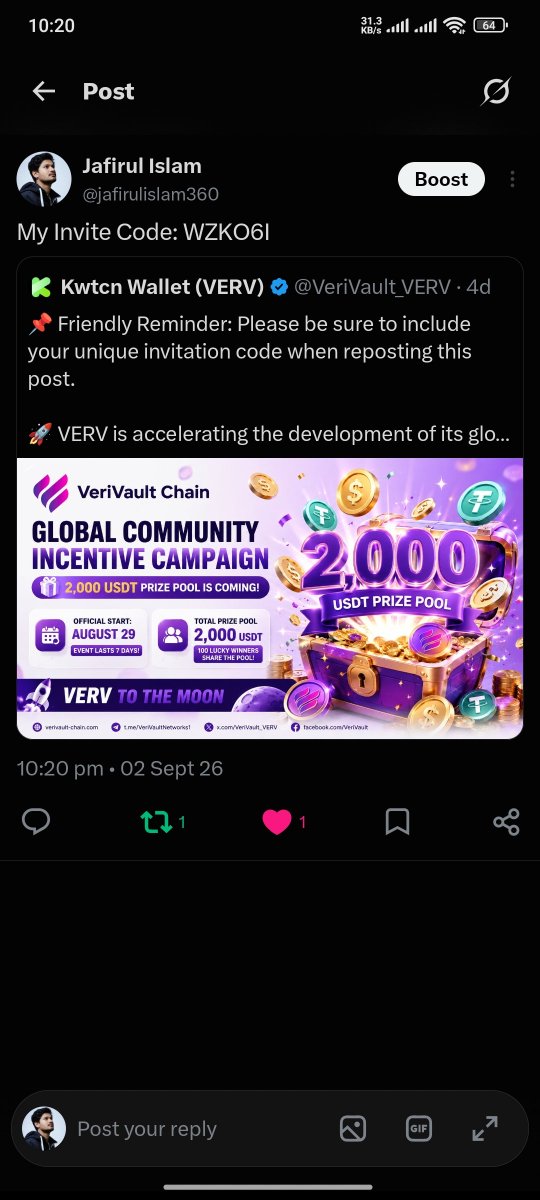 jafirulislam360's tweet photo. @VeriVault_VERV WZKO6I https://t.co/d0URyunTwW