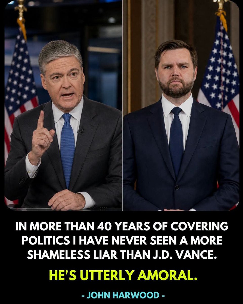 Elizabeth71729's tweet photo. When a journalist who has covered American politics for more than 40 years says he has never seen anything like JD Vance, that’s a statement worth noticing.

Veteran journalist John Harwood wrote:

“In more than 40 years of covering politics I have never seen a more shameless liar than J.D. Vance. He’s utterly amoral.”

Harwood has watched presidents, congressional leaders, scandals, campaigns and political transformations across multiple generations. He covered Washington for The Wall Street Journal, CNBC, The New York Times and CNN.

So this isn’t commentary coming from someone who discovered politics yesterday.

Of course, describing Vance as “amoral” or the most “shameless liar” Harwood has encountered is ultimately an opinion. People can judge Vance’s record and rhetoric for themselves.

But what makes the statement remarkable is the comparison.

After decades covering some of the most controversial politicians in modern American history, Harwood is saying Vance stands out even among them.

That is one hell of an assessment of the Vice President of the United States.