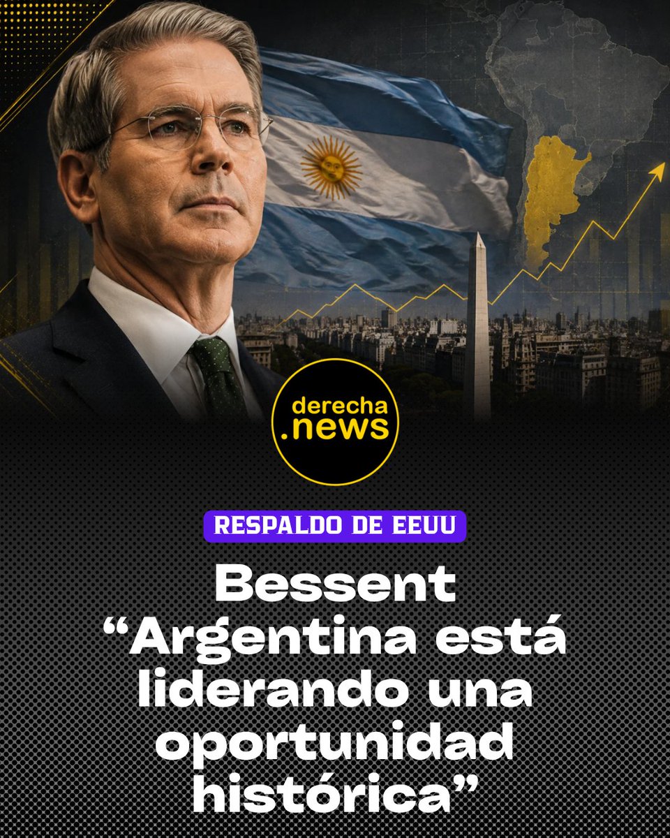DerechaNews's tweet photo. 🇺🇸 El funcionario de Trump elogió a Milei: “Argentina lidera una oportunidad histórica”
Scott Bessent destacó las reformas del Presidente y aseguró que el país está “liderando una oportunidad histórica en el hemisferio occidental”. https://t.co/1A9CBMG73k