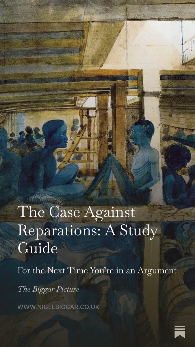 NigelBiggar's tweet photo. The case for slavery reparations depends on a highly selective telling of history.

Of an estimated minimum 41 million Africans enslaved and mostly transported across the Atlantic, Sahara and Indian Ocean, Europeans were responsible for 31 per cent. Arabs were responsible for 53.6 per cent. The British traded 3.258 million over roughly a century and a half.

And most of those sold to Europeans and Arabs had first been enslaved by Africans themselves.

These facts do not settle every question about reparations. But any serious case for them has to reckon with the whole history.

I’ve put together a study guide for the next time you’re in the argument at The Biggar Picture: https://t.co/Fy3MmIXeG6