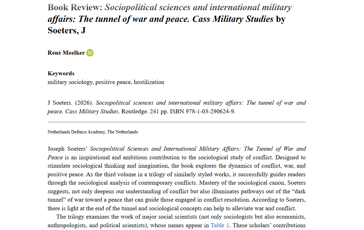 AFS_SAGE's tweet photo. Check out this new article in #OnlineFirst! Book Review: Sociopolitical sciences and international military affairs: The tunnel of war and peace. Cass Military Studies by Soeters, J - René Moelker, 2026 https://t.co/x3lFObsSZe https://t.co/xsBqG0mrTy