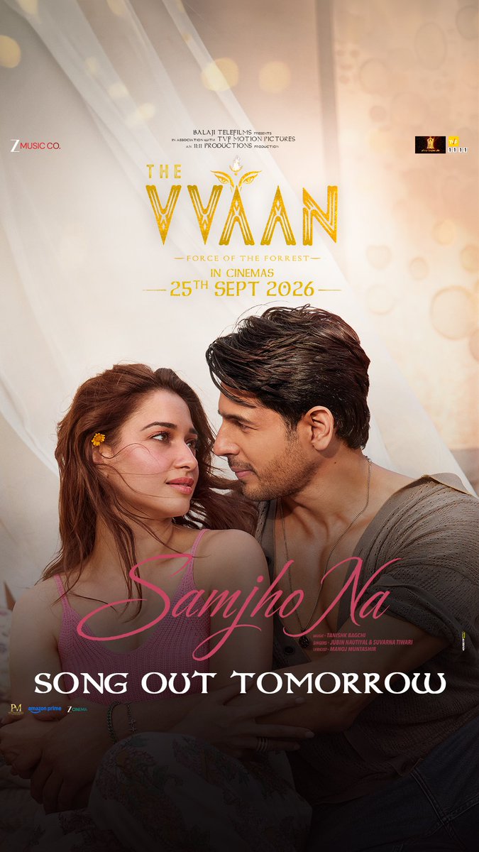 TradeBOC's tweet photo. There is something instantly charming about #SidharthMalhotra and #TamannaahBhatia together in the teaser of #SamjhoNa. 

Their chemistry adds a beautiful romantic layer to #TheVvaan, making every frame feel warm and intimate. 

The song showcases a softer side of Sidharth while Tamannaah brings an effortless freshness to their pairing. This is just the tip of the iceberg. The full song will be out tomorrow.

#TheVvaan arrives in Cinemas on 25 September.