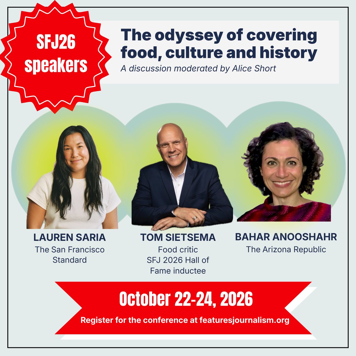 WeAreSFJ's tweet photo. Calling food journalists! This session at our October conference in Phoenix features @lhsaria, @tomsietsema &amp; @banooshahr!

They'll dive into how food writers are connecting with audiences &amp; what they learned in their journeys.

REGISTER: https://t.co/MNacvkQwdx https://t.co/z99NJzTuhs