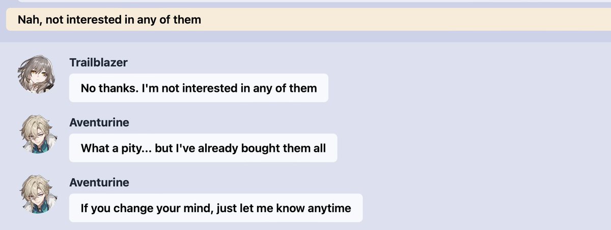 Vesperhelios's tweet photo. Tbh, I'm still thinking about it. He probably bought them at the same time as he was describing them to Stelle. And the idea of him keeping those stuffs just for the day that Stelle will maybe want them just soften my heart... https://t.co/UmnUqfzsN3