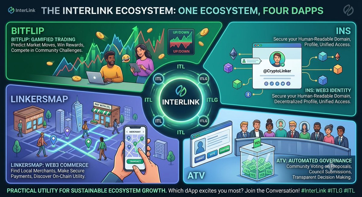 BURUSULEELA's tweet photo. dApps, One Ecosystem
Prompt:
Create an engaging educational post explaining how Bitflip, INS, ATV, and LinkersMap are expanding the InterLink ecosystem. Explain what .End with a strong question asking Linkers which dApp they are most excited about. Include #InterLink #ITLG #ITL. https://t.co/K7GeQV923m