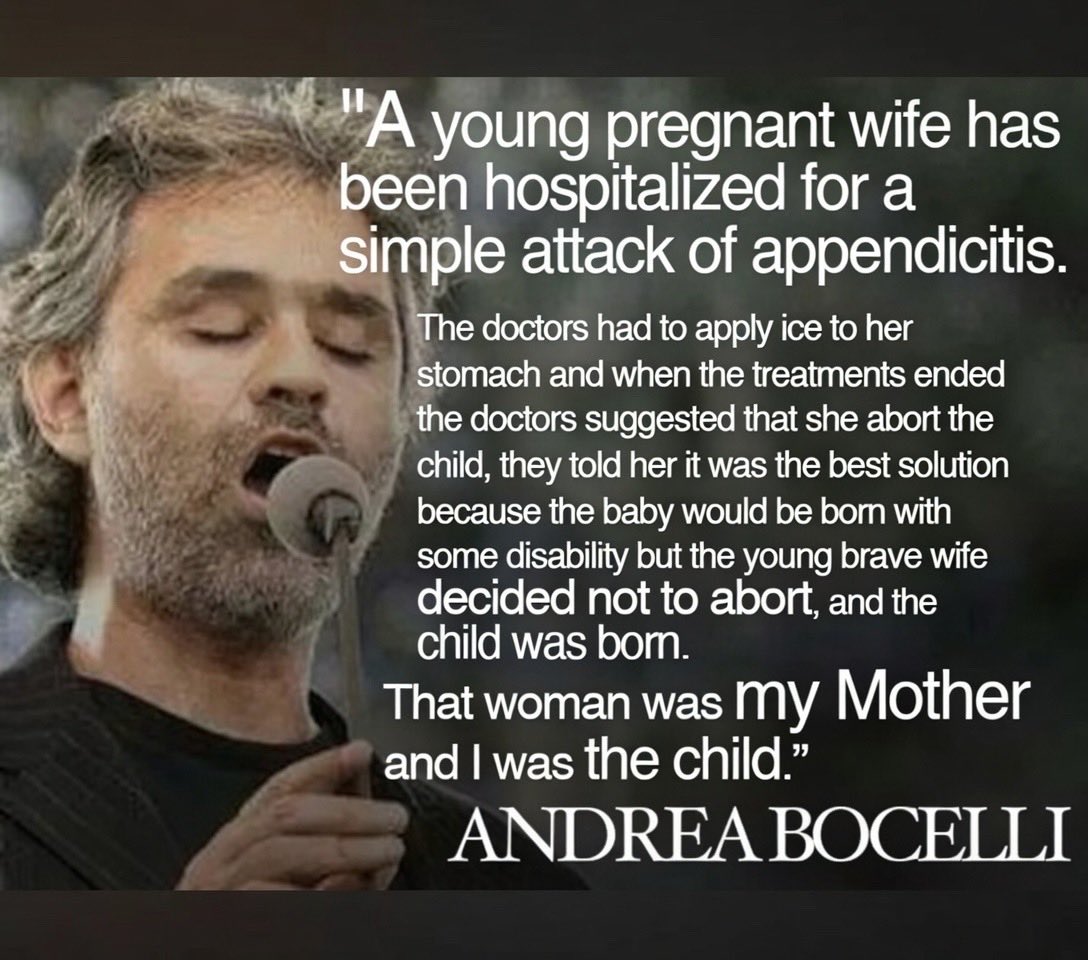 emma6USA's tweet photo. This is a wonderful story.  Andrea Bocelli was saved by his mother’s choice.  Pro Life.  🙏 👶 https://t.co/oZM8sceZtC