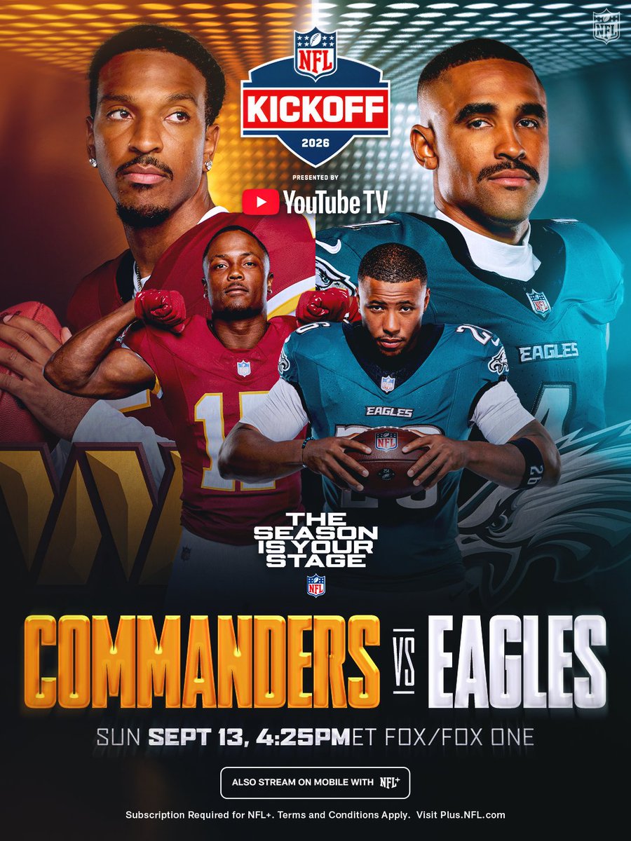 NFL's tweet photo. The rivalry resumes Week 1 in Philadelphia 👀

 WASvsPHI – Sunday, Sept. 13 at 4:25pm ET on FOX/FOX One
Stream on @NFLPlus https://t.co/CAFPXHYGJF
