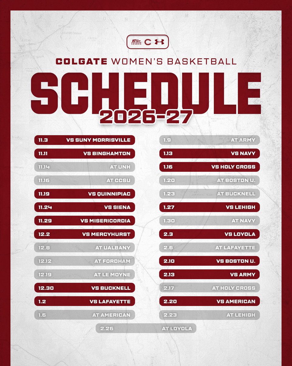 ColgateWBB's tweet photo. 𝐈𝐓’𝐒 𝐇𝐄𝐑𝐄‼️

The 2026-27 schedule drop!

#GoGate https://t.co/cm3naE8jmp