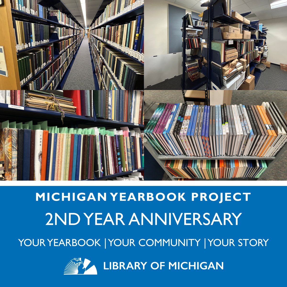 LibraryofMich's tweet photo. In Fall 2024, the #LibraryofMi launched an initiative to collect yearbooks from across our state. 2 years in, we've received over 6,000 volumes - thanks to hundreds of donors. Learn more about the Michigan Yearbook Project at https://t.co/2ImqpOPgRS https://t.co/xZmvuHup2h