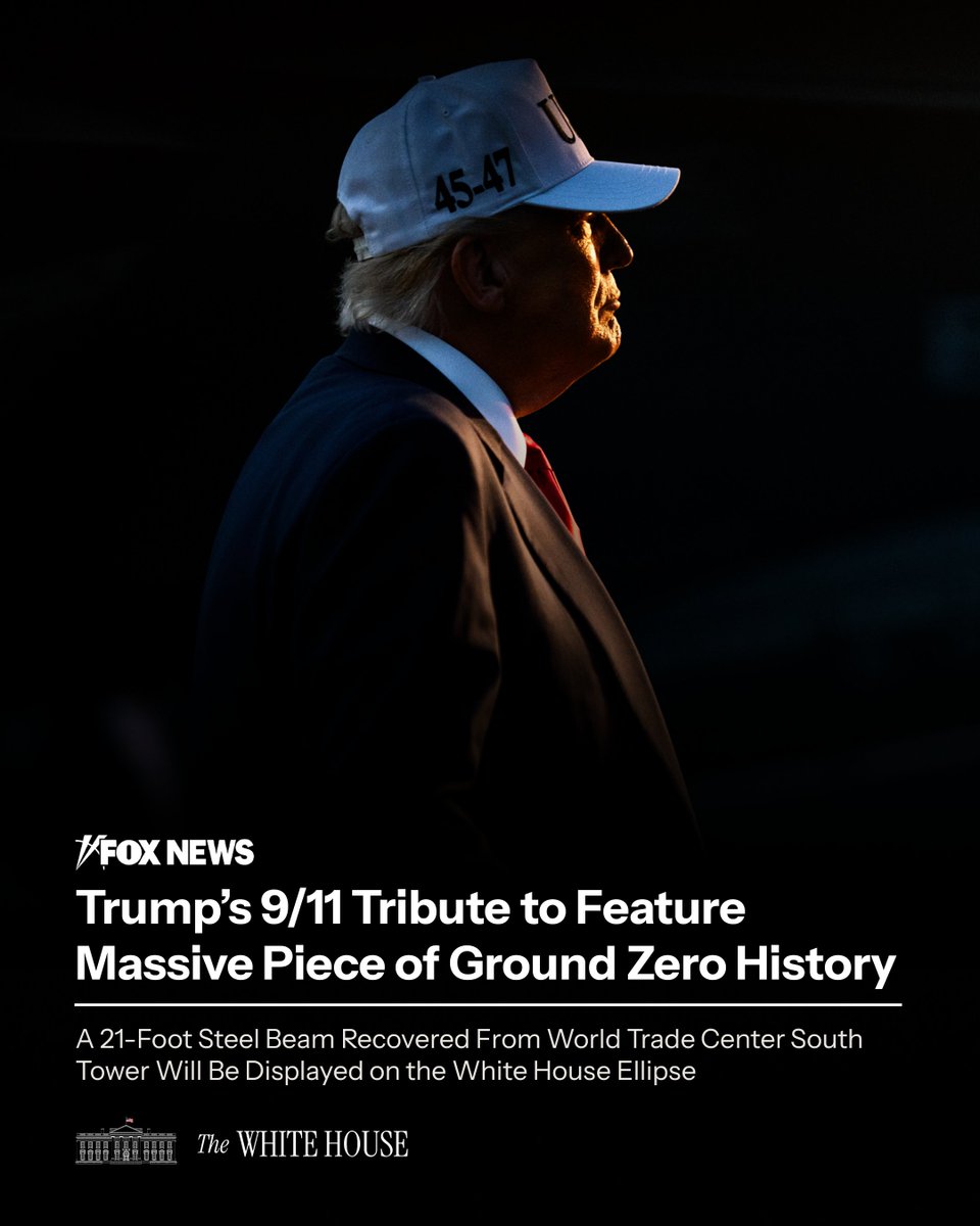 WhiteHouse's tweet photo. A tribute to the incredible heroes and those we lost on that fateful day. 💛

President Trump will host 9/11 first responders and officials at the White House on Sept. 8, where a beam from the World Trade Center's South Tower will be displayed. https://t.co/8YdnuJXmMN
