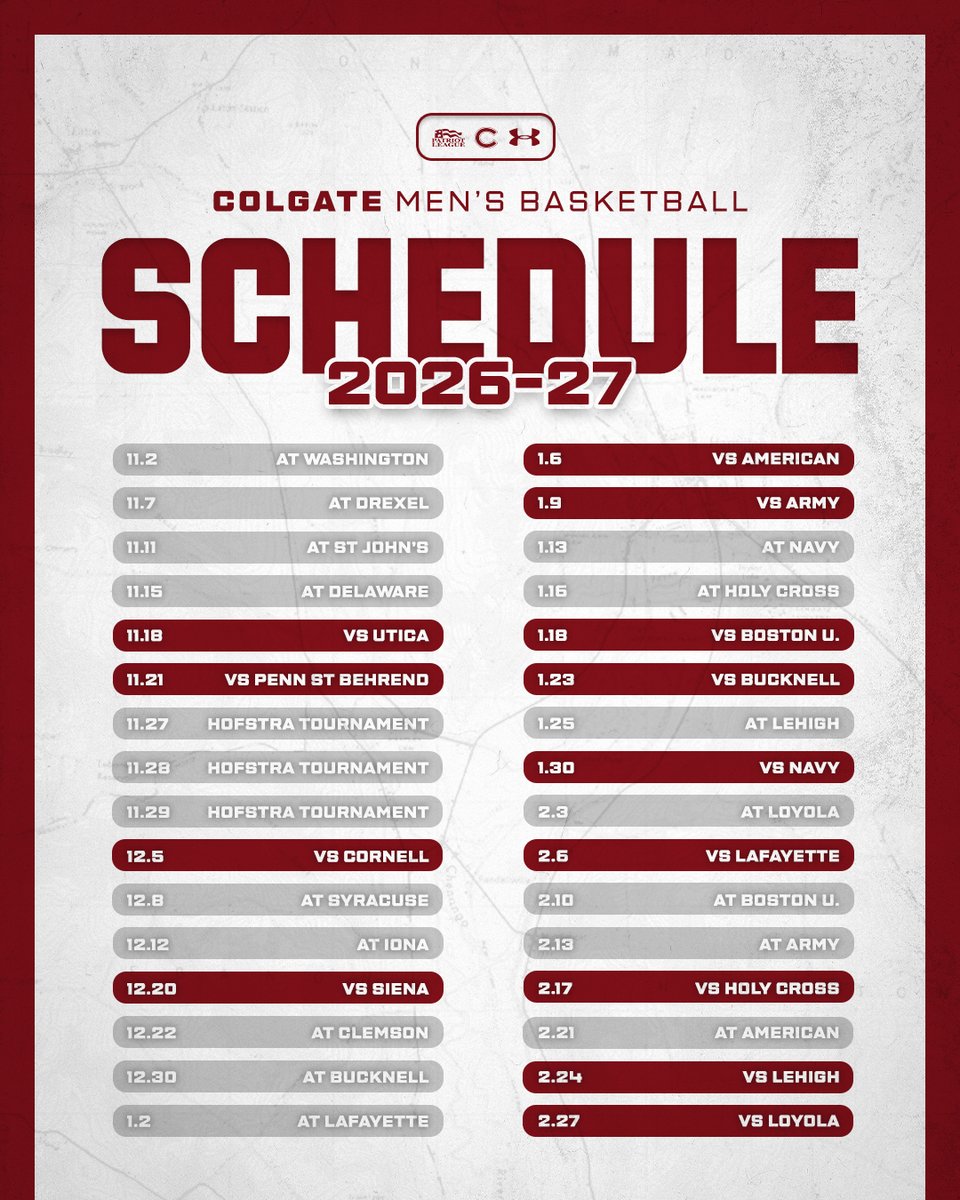 ColgateMBB's tweet photo. 𝟮𝟬𝟮𝟲-𝟮𝟳 𝗦𝗖𝗛𝗘𝗗𝗨𝗟𝗘 𝗗𝗥𝗢𝗣 👀

📆 https://t.co/4sNmdyNum6 https://t.co/czLlJk1OV8