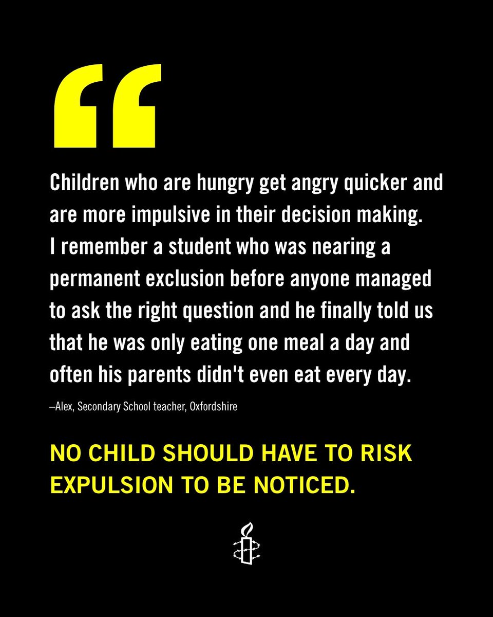 Black graphic with a yellow quotation mark icon. White text reads a quote from Alex, a teacher in Oxfordshire, describing how hunger affects children's behaviour and concentration at school, and how a student was nearly permanently excluded before the cause was identified. Below the quote, bold yellow text reads: 'No child should have to risk expulsion to be noticed.' The Amnesty International candle logo appears at the bottom.