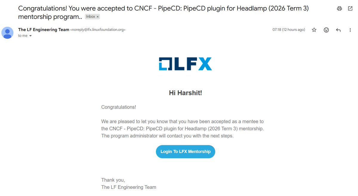 harshitghagre's tweet photo. Selected as an LFX Mentee with @CloudNativeFdn - Term 3, 2026! 🎉

Building a @pipecd_dev  plugin for Headlamp over the next 3 months. https://t.co/rfHCxqpIgS
