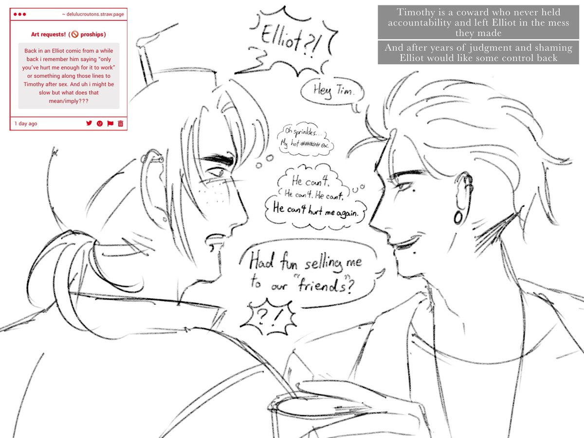 delulu_croutons's tweet photo. A reminder, no one in this AU is all good or bad.
I don’t wanna chalk it up as Tim is stupid because that’d be unfair for people in Elliot’s situation, which I will talk about in the upcoming comic, their relationship WAS toxic.
Neighbourhood Au
#timothysprinkleton #elliotbuilder https://t.co/EBBxeqao9M