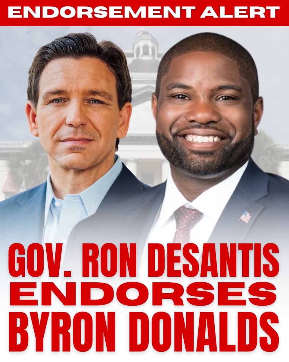 GOPGovs's tweet photo. Under @RonDeSantis, Florida has secured win after win. Proving conservative leadership works.

@ByronDonalds is ready to build on that legacy and keep Florida winning! https://t.co/HVttPojTEb