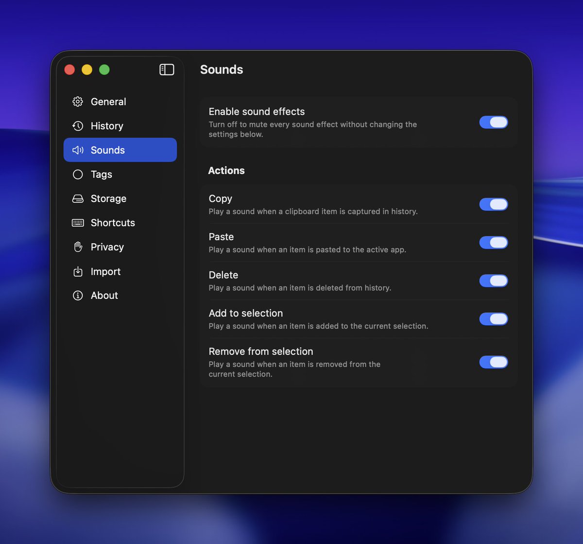 clipbook_app's tweet photo. In ClipBook 2.0.1 you can enable/disable sound effects for different actions such as copy, paste, delete, etc. https://t.co/p6CHuePC4G