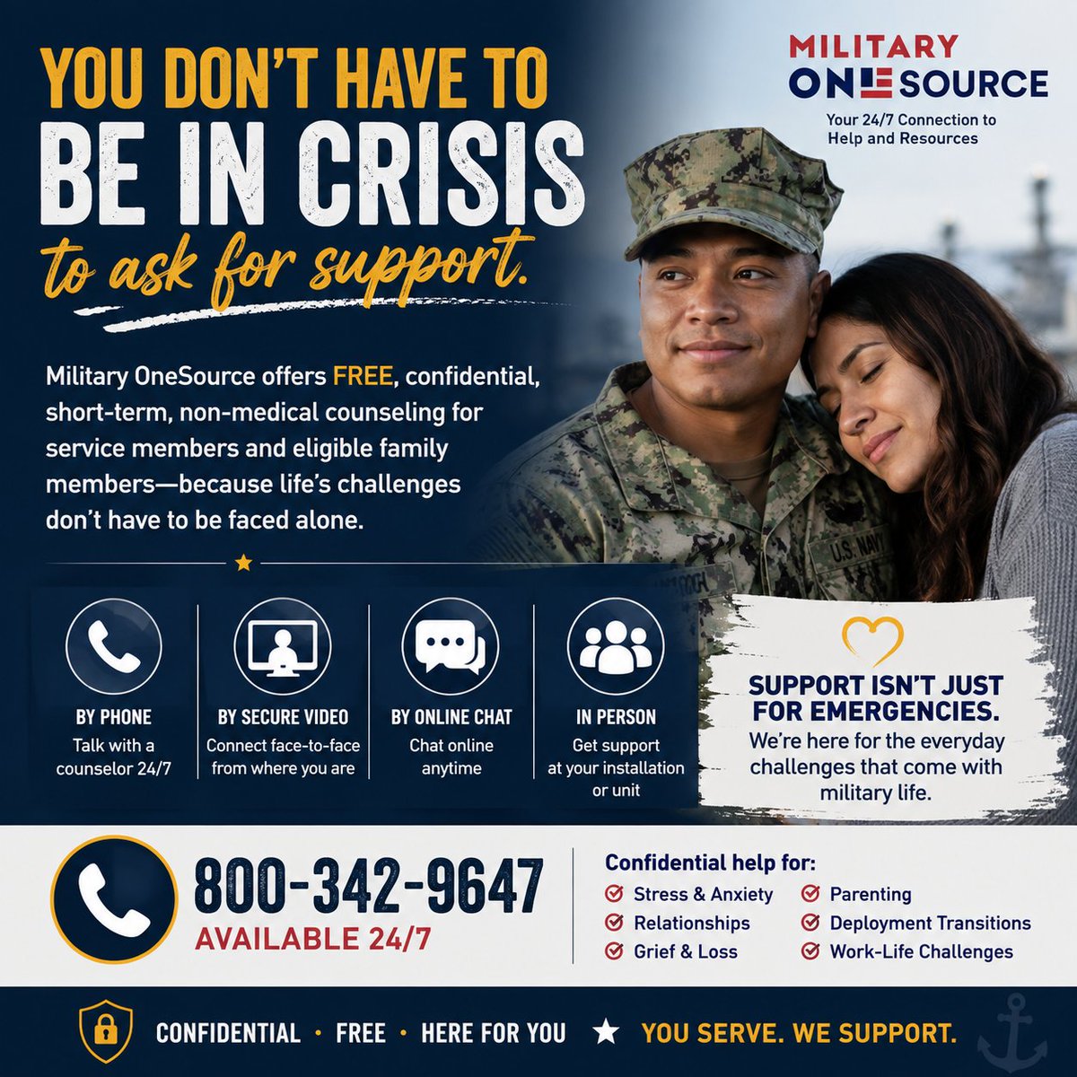 USNavy's tweet photo. You don't have to be in crisis to ask for support.

Military OneSource offers free, confidential, short-term, non-medical counseling for service members and eligible family members.

Support is available 24/7 at 800-342-9647 or https://t.co/AoT2lleoKh https://t.co/OEEi7lqlr0