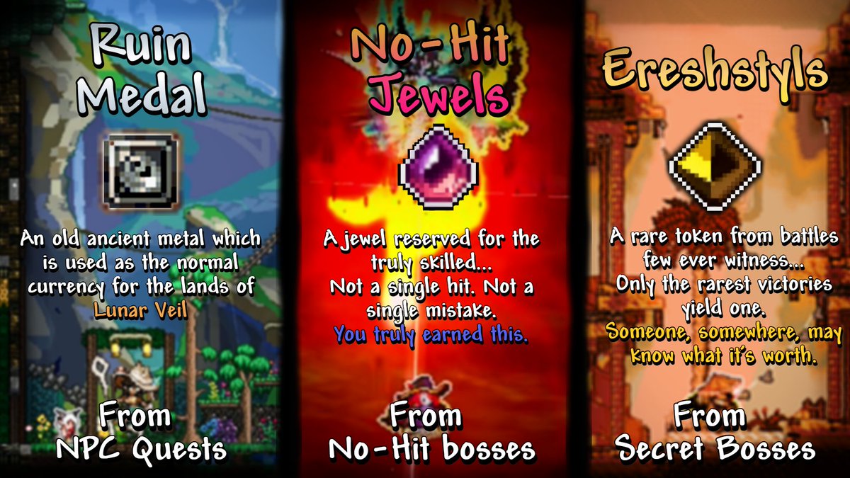 LunarVeilMod's tweet photo. • Three currencies. Three different purposes. 💎
- Lunar Veil 2.0 introduces its own currency system, with each one obtained in a different way.
- Ruin Medals will come naturally throughout your journey. No-Hit Jewels demand flawless victories. As for Ereshstyls... you'll have to uncover what was meant to stay hidden.👀
#LunarVeil #Terraria #TerrariaMods #Gaming