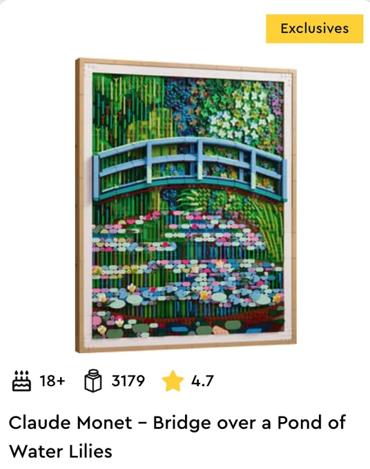 Lego's version of Monet's Waterlillies at Giverny. It is an impressionist painting of a blue foot bridge over a small pond of water lilies of blue, pink, yellow, and green, with the illusion of green willow trees and flowering trees in the background.