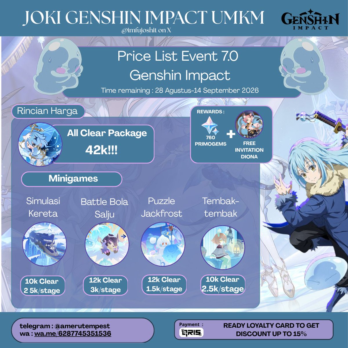 imfujoshit's tweet photo. Lagi sibuk irl tpi ttp harus nguli karakter incaran 🤯 Joki Genshin UMKM sudah open untuk joki Main Event 7.0 nya yaw🧚‍♂️ rincian harga tertera di gambar &amp; ada harga khusus AllClear Package juga🤩 
Bisa sung dmdm (@ aftr), WA, atau tele di gambar/bio aku juga ada yaw 
#zonauangㅤ https://t.co/rhTsDkFXGy