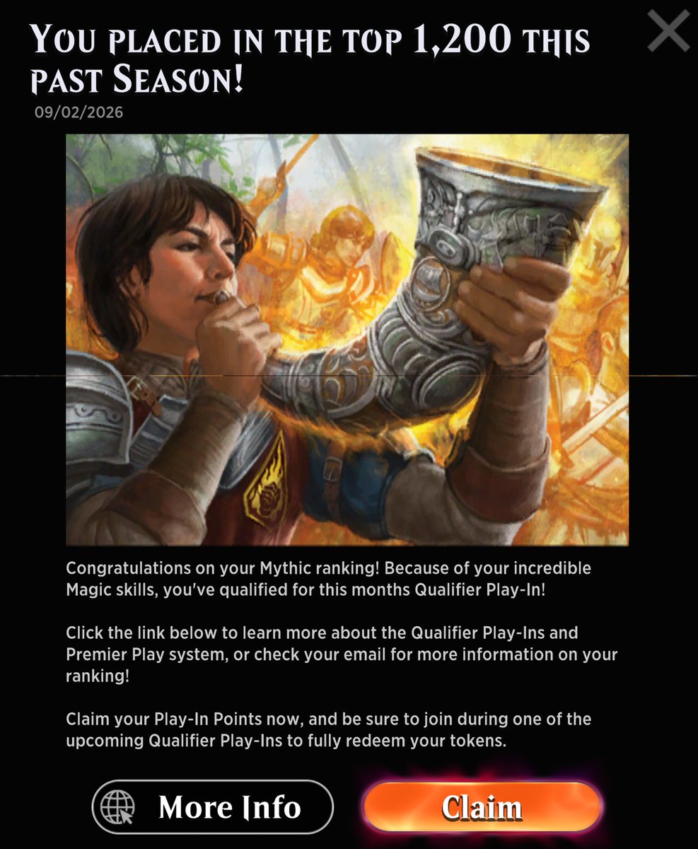 Hello_Good_Game's tweet photo. Made it. π₯
Top 1,200 Mythic last season and officially qualified for the Qualifier Play-In.
The grind paid off. Now we see what we can do with it. π
#MTGArena #MTG #MagicTheGathering #MythicRank https://t.co/wKGaLSVmZK