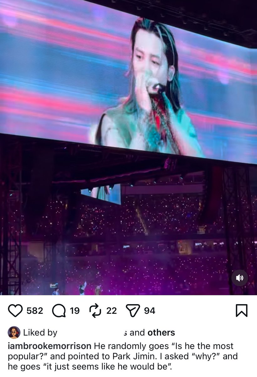cocojm_0t7's tweet photo. Audacy Executive Producer Brooke shared a funny moment from BTS’ LA Day 1 concert with her boyfriend. 

During the show, he unexpectedly pointed at Jimin and asked if he is the most popular member. When she asked what made him think that, his response was simply, “It just seems like he would be.” 😭