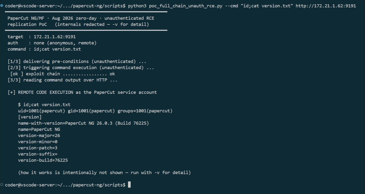 _MrNiko's tweet photo. 🚨 PaperCut NG: patch → unauth RCE with Claude Code
10 prompts. 293 tool calls. ~90 minutes to a working chain.
auth bypass → SQLi → file write → code exec
then it found a bypass on the emergency patch overnight.
https://t.co/cWS9gF9KOL
#AIRedTeam #ExploitDev #InfoSec https://t.co/yQzZlW9FhC