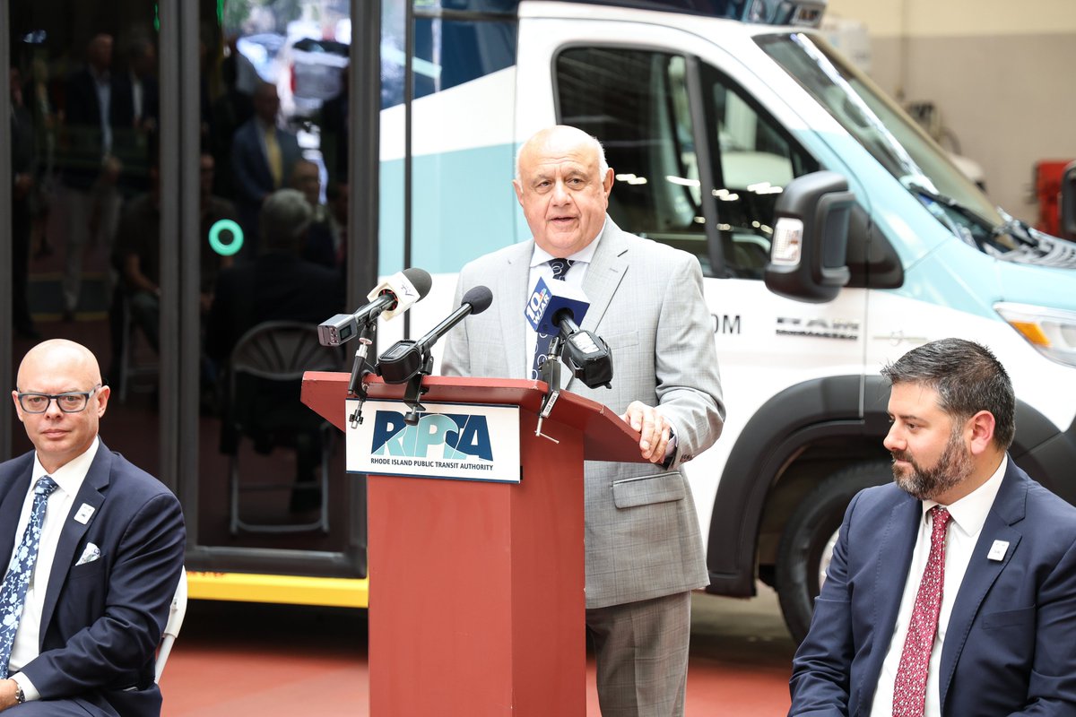 RISenate's tweet photo. Today, Senate Majority Leader Frank Ciccone and Sen. Bridget Valverde helped celebrate @RIPTA_RI's addition of 50 new Model 1 Frontrunner vans to replace aging paratransit fleet vehicles and expand capacity for RIde and Flex On Demand service.

Watch here: https://t.co/I37HRcyEps https://t.co/wem5qCaNXX