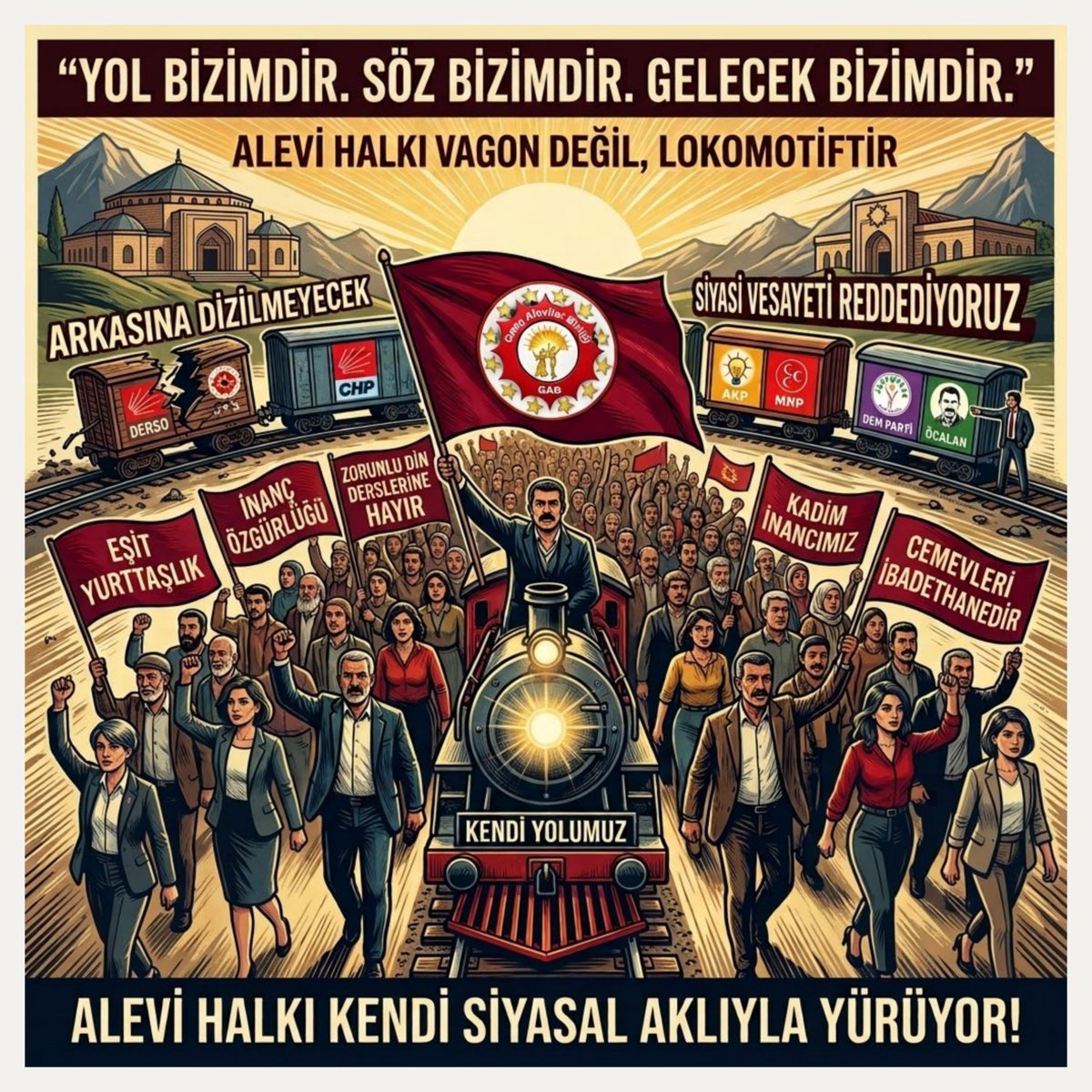GAB_DER_'s tweet photo. ALEVİ HALKI KİMSENİN BOYUNDURUĞU ALTINDA DEĞİLDİR!

"Sokaktan alıp getirip milletvekili yaptığımız insanlar… Hangi aydın kimliği var onu da bilmiyorum."

"Kürt hareketini eleştirmek, Öcalan'ı eleştirmek, tırnak içerisinde aydın olmaksa bana kusura bakmayın o dündü. Bugün artık onun alıcısı yok."

— Tuncer Bakırhan (DEM Parti Eş Genel Başkanı)

"Sürekli demokrasi istiyorlar, eşit yurttaşlıktan bahsediyorlar. Ama Alevilerin haklı tepkisini anlayıp özeleştiri vermek yerine çirkin, kibirli ve muktedir bir dille konuşuyorlar. Buradaki asıl mesele, sözün Öcalan’ın ağzından çıkmış olması. Tanrısal bir kült olarak onun yanlış yaptığını kabul etmek ya da onu eleştirmek bu anlayış için mümkün değil. Bütün bu saldırgan tavır ve özeleştiriden kaçış bundan kaynaklanıyor."

Demokrasi ve eşit yurttaşlık söylemleriyle Alevi halkının oylarına göz dikenlerin, ilk ciddi eleştiride kibirli yüzleri bir kez daha ortaya çıkmıştır. PKK elebaşı Abdullah Öcalan’ın, Alevi hafızasında derin yaralar açan "Yavuz Sultan Selim - İdris-i Bitlisî ittifakı" söylemini barış kılıfıyla sunması, Alevi aydınlarının haklı tepkisine çarpmıştır. Alevi Aydınlar Bildirgesi’ne karşı Tuncer Bakırhan’ın sarf ettiği sözler bir kaza değil; Alevi halkını kendi siyasi hedeflerinin marabası gören vesayetçi zihniyetin dışa vurumudur.

Alevi aydınlarını "sokaktan alıp getirdiğimiz insanlar" diyerek aşağılamak, DEM Parti ve etrafındaki odakların bu halka bakışını tescillemiştir. Öcalan’ı dokunulmaz bir kült sayıp onu eleştiren her Alevi'ye saldıranlar, bu halkın haysiyetini tek bir kişinin dudakları arasına mahkûm edemeyeceklerini anlamalıdır. Daha da acısı, bu parti çatısı altında bulunup koltuk ikbali uğruna aydınlarımıza savrulan hakaretlere ve atalarımıza katliam getiren anlayışlara sessiz kalan vitrin süslerinin halidir.

Alevi halkı artık bu oyunu bozmak zorundadır. Demokrasi kılıfıyla Öcalan sempatizanlığı yapan ve katliam mimarlarını öven anlayışlarla safları sıklaştıranların niyeti ortadadır. Alevi halkı hiçbir yapının boyunduruğu altında değildir ve asla vagon olmayacaktır!

Alevi halkı, farklı siyasi hareketlerin ve ideolojilerin çıkarlarına alet olmamak için kendi bağımsız siyasal duruşunu ve özgür iradesini en üst düzeyde tesis etmelidir. Hiçbir siyasi yapının arka bahçesi veya oy deposu olmayı reddeden Alevi halkı; cemevlerinin ibadethane statüsü, eşit yurttaşlık, zorunlu din derslerinin kaldırılması ve kamudaki ayrımcılığın sona erdirilmesi gibi temel haklarını kimsenin lütfuna bırakmadan açıkça savunmalıdır.

Siyasi aktörleri süslü vaatleriyle veya kimlik siyasetinin dayatmalarıyla değil, Alevi halkının inancına, tarihine ve haysiyetine gösterdikleri saygıyla yargılamak şarttır. Alevi halkı; kurumlarını güçlendirerek, gençleri ve kadınları karar mekanizmalarına taşıyarak başkalarının senaryolarında figüran rolünü elinin tersiyle itmelidir. Başkalarının hesaplarına göre değil; Pirlerin mirası, kadim inanç ve tarihsel hafıza rehberliğinde kendi geleceğini inşa eden bağımsız bir özne olunmalıdır.
Yolumuzu kendimiz çizelim. Sözümüzü kendimiz söyleyelim.

KİMSENİN FİGÜRANI DEĞİLİZ; KADİM YOLUN ÖZGÜR ÖZNELERİYİZ!

Genç Aleviler Birliği-GAB