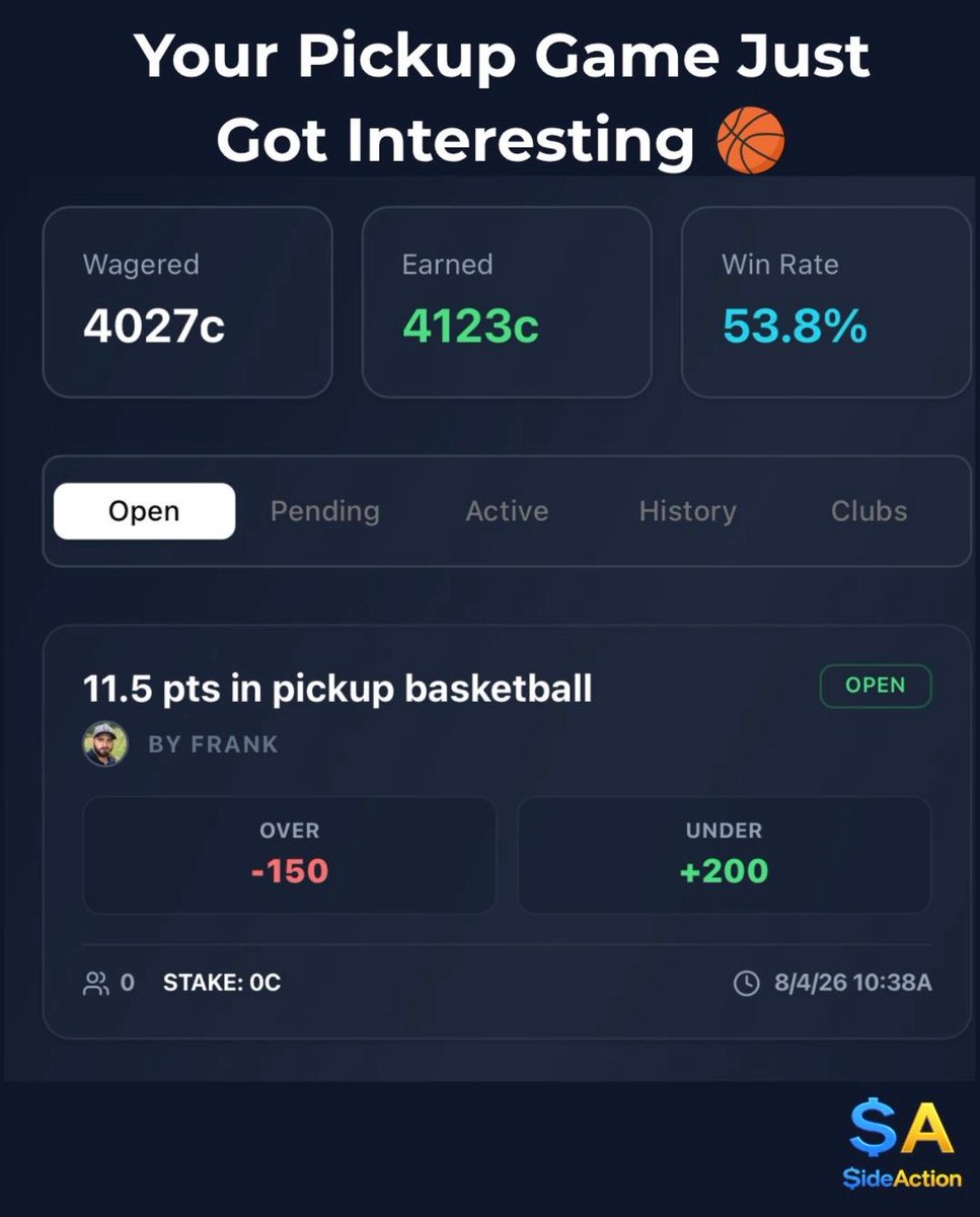 SideActionBet's tweet photo. Sportsbooks won't put a line on your pickup game. SideAction will. 🏀

Download SideAction: https://t.co/FMEyFGXaKc

O/u 11.5 points. Custom to your game.

Your friends bet on you.
Link in bio. 👆

#SideAction #CustomBets #PickupBasketball #HoopBets #FriendsWager https://t.co/UvemcU7i8w