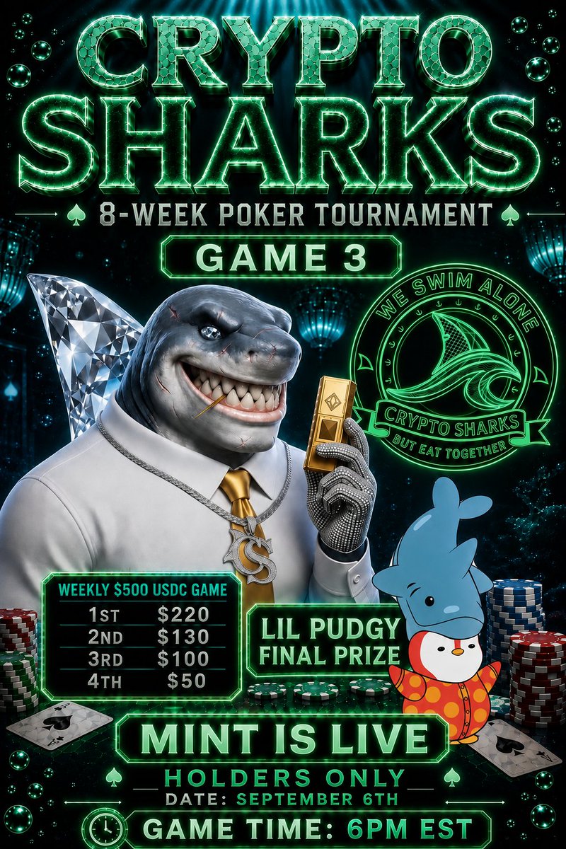CryptoSharksID's tweet photo. The 8-week poker series rolls on! 🦈🔥

Game 3 goes down this Sunday, hosted by:
 @JayConnects0 
@Cryptodred1

🦈@Yokes_Real 🦈
took down the last one, but the waters are open—who’s stepping up to claim the crown this week?

💰 500 USDC up for grabs every single Sunday!
🐧 Every game earns leaderboard points toward the grand prize: a Lil Pudgy!

🎙️ Jump into the X Space right before the game kicks off to catch the vibes and learn what Crypto Sharks is building.

We Swim Alone, But Eat Together
Set your Reminders♠️♥️
👇🏽👇🏽👇🏽👇🏽👇🏽👇🏽👇🏽👇🏽
https://t.co/ejwLy12CEW