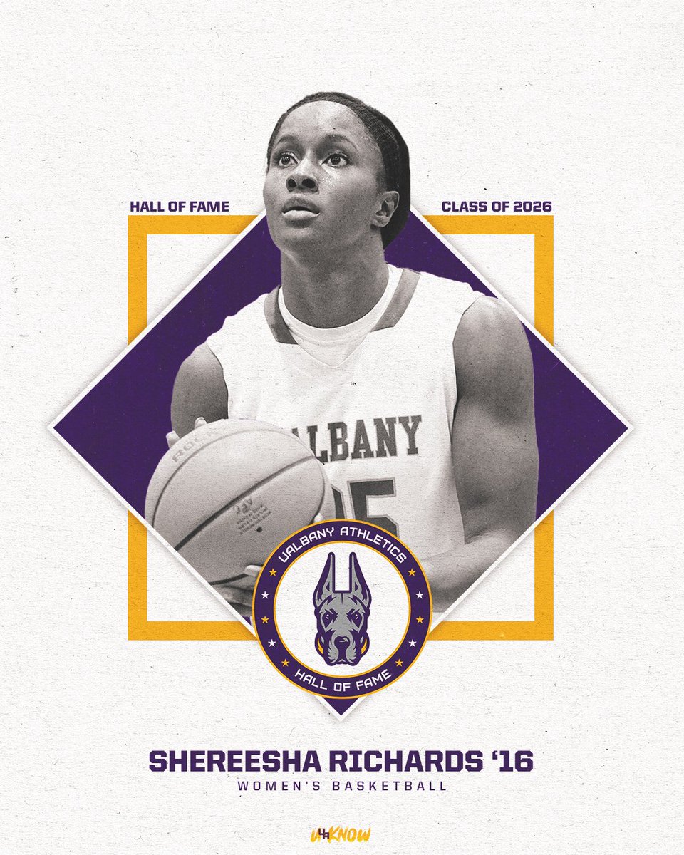 UAlbanySports's tweet photo. HALL OF FAME SPOTLIGHT 💡

The most dominant player in @UAlbanyWBB history, Shereesha Richards ’16 led the Great Danes through an unprecedented era of success from 2012 to 2016.

A two-time Division I All-American and three-time America East Player of the Year, she propelled UAlbany to four consecutive NCAA Tournament appearances and the program's first Division I tournament win in 2016.

UAlbany's all-time leading scorer (2,440 points), she graduated as the school's record holder in points, field goals, and double-doubles while anchoring four straight conference titles.

The enshrinement ceremony for the Hall of Fame Class of 2026 will take place on Friday, Oct. 2, at Broadview Center on campus.

Registration is open now!

https://t.co/4wZ63wwnfw

#UAUKNOW