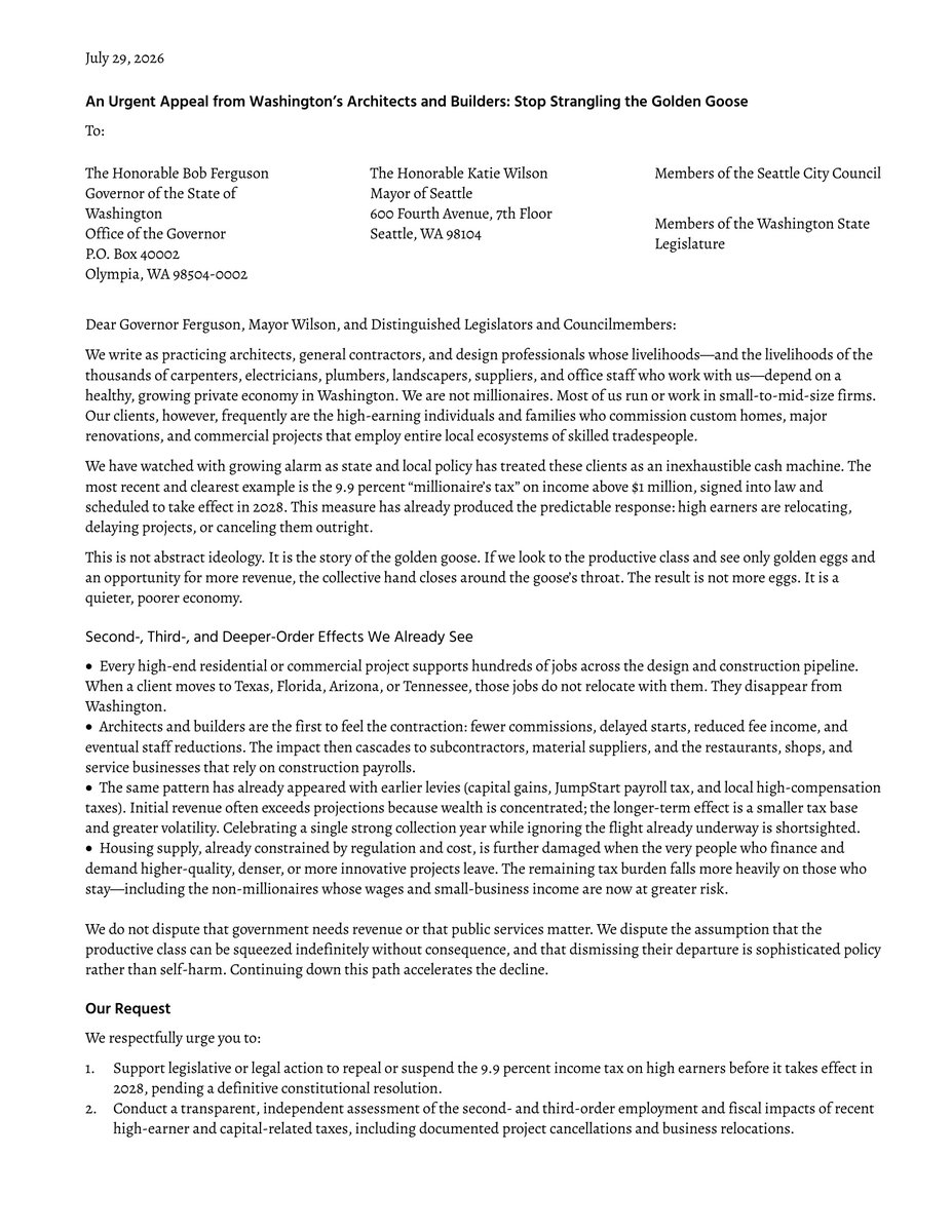 thehoffather's tweet photo. EXCLUSIVE: Washington architects, builders, and contractors are sounding the alarm: Stop strangling the golden goose.

They say the new 9.9% “millionaire’s tax” is already driving high earners to relocate, delay projects, or cancel them altogether—taking jobs, investment, and tax revenue with them.

Their warning to Gov. Ferguson, Seattle Mayor Katie Wilson, and lawmakers: You can’t keep treating the people who fund projects and employ thousands of Washington workers as an endless ATM.

“If [the golden goose] is killed, the eggs stop.”