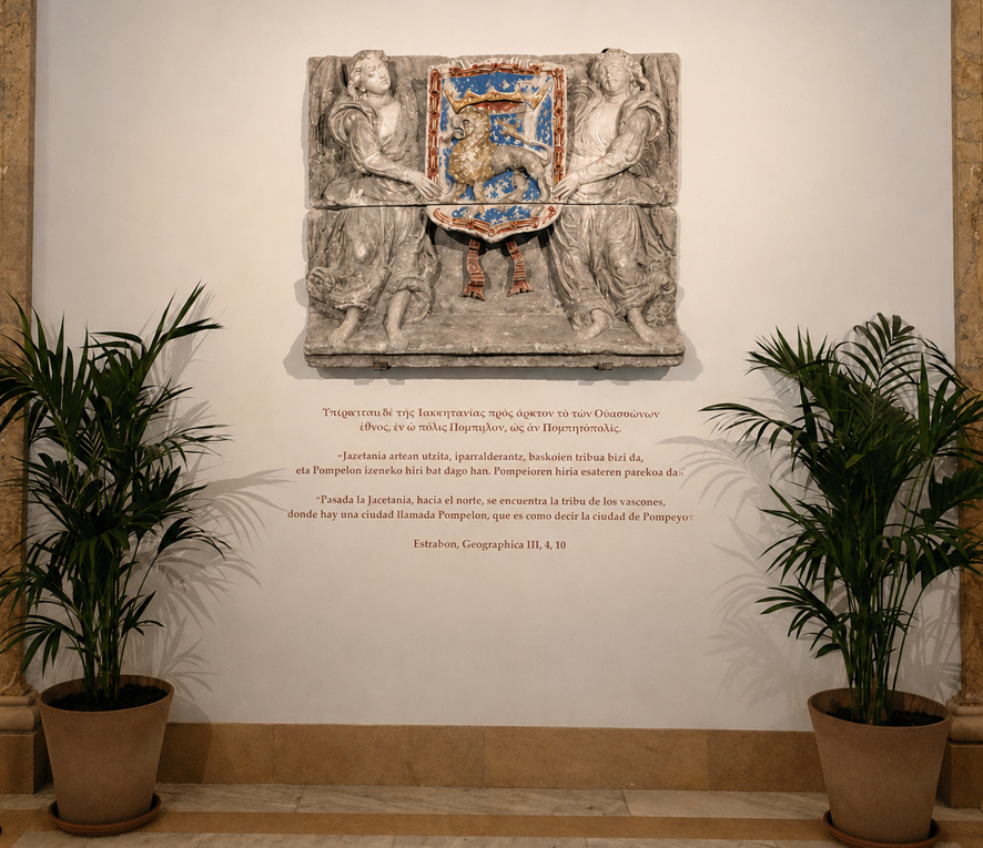 josebaasiron's tweet photo. Gaurtik aurrera, gure udaletxea bisitatzen dutenei harrera egingo die Iruñeko lehen aipamen historikoak (Estrabon geografo greziarrarena, g.a.a. I. mendekoa), baita XVI. mendean bere lehen udaletxearen fatxadan egon zen harrizko armarriaren irudikapeneak ere. https://t.co/LxpFAI7S00