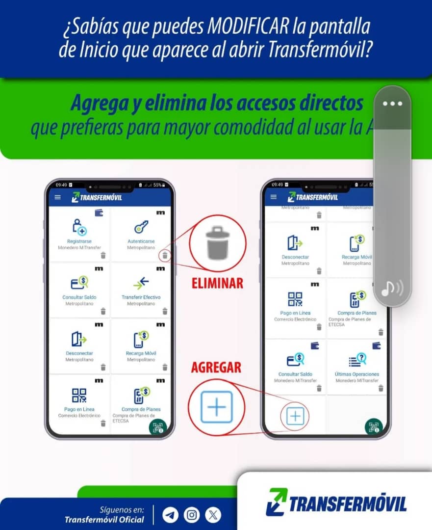 EtecsaServicios's tweet photo. Modifica la pantalla Inicio de tu APK como desees. 
Te recomendamos incluir los servicios que utilizas regularmente para acceder a ellos de forma más rápida y cómoda. 😉 https://t.co/cy4i5pnZKH