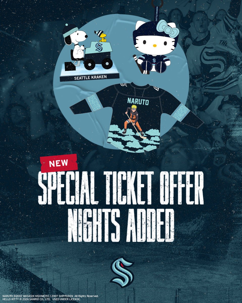 SeattleKraken's tweet photo. Your favorite characters, but make them ✨Kraken✨

New Special Ticket Offers just dropped, including Snoopy, Hello Kitty and more! Each ticket comes with a unique, limited edition item → https://t.co/j3exBz48ZQ https://t.co/AVfB4J6AmW