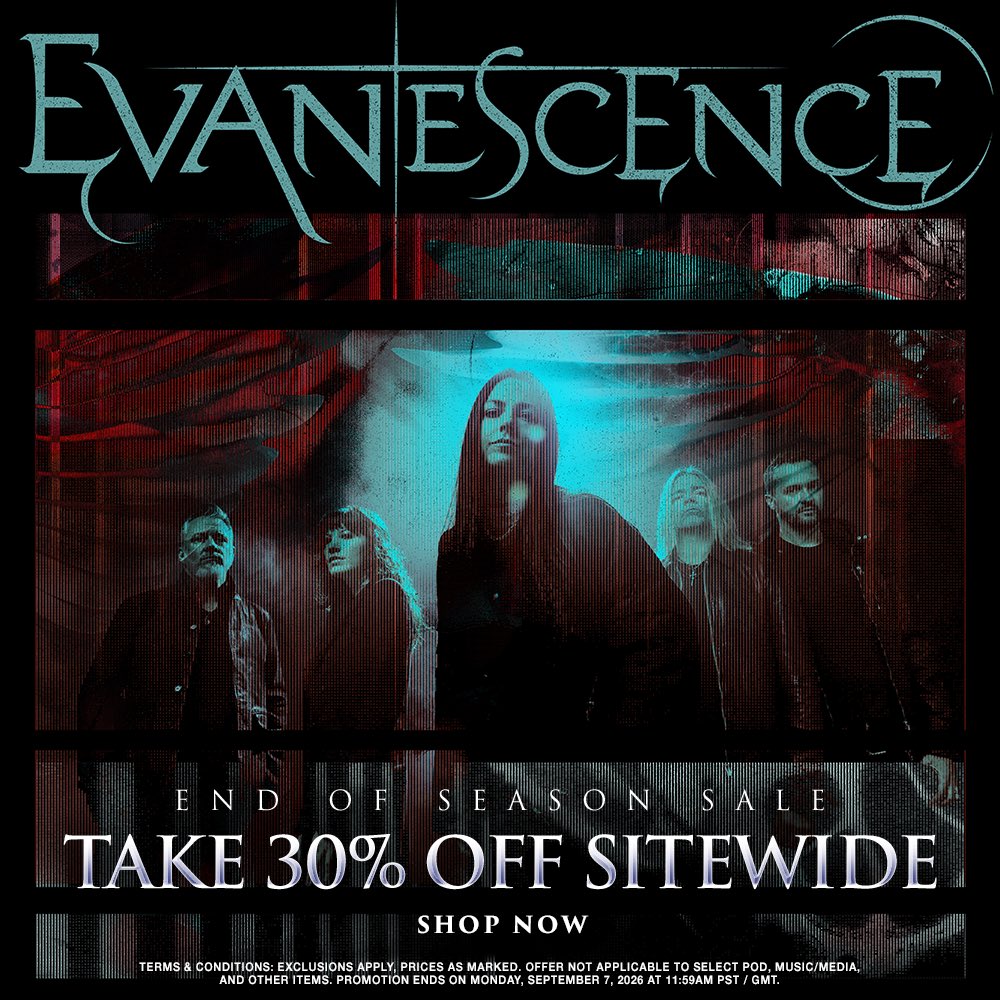 evanescence's tweet photo. We’re running an end of season sale on our webstore where you can enjoy up to 30% off select items, now through the end of Labor Day Weekend (Sept 8th). You know where to go 👇

https://t.co/kCyzDa8K38 https://t.co/6NA5Pib5ic
