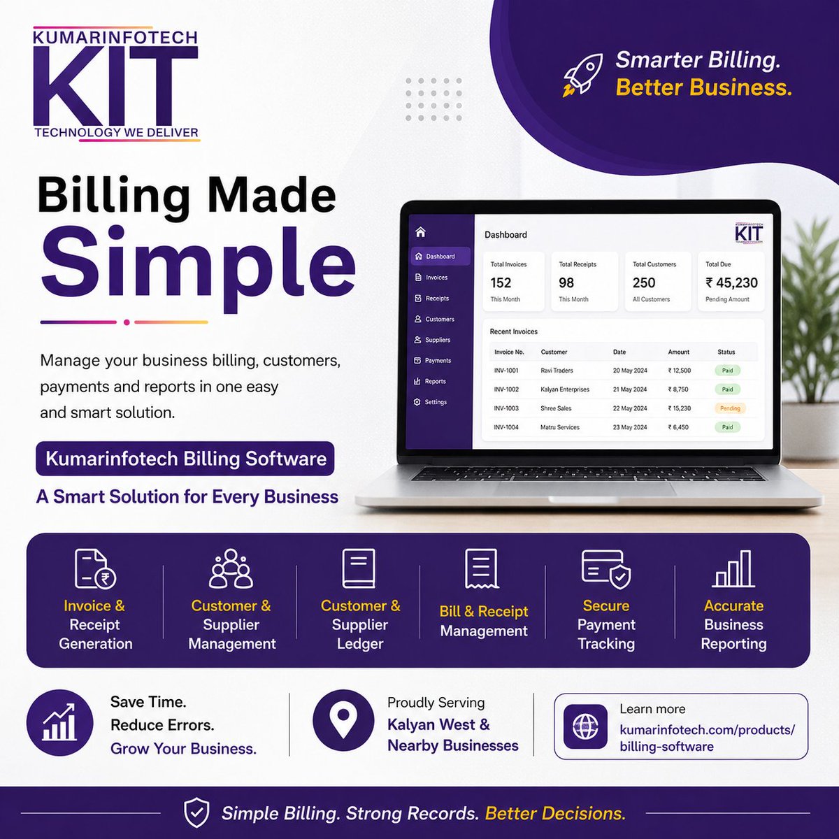 kumarinfotech20's tweet photo. Make business billing simpler.
Manage invoices, receipts, customer records, payments & reports with Kumarinfotech Billing Software.
Learn more: https://t.co/eA9fRVvSa8
#BillingSoftware #BusinessSoftware https://t.co/AHjMKkAixe