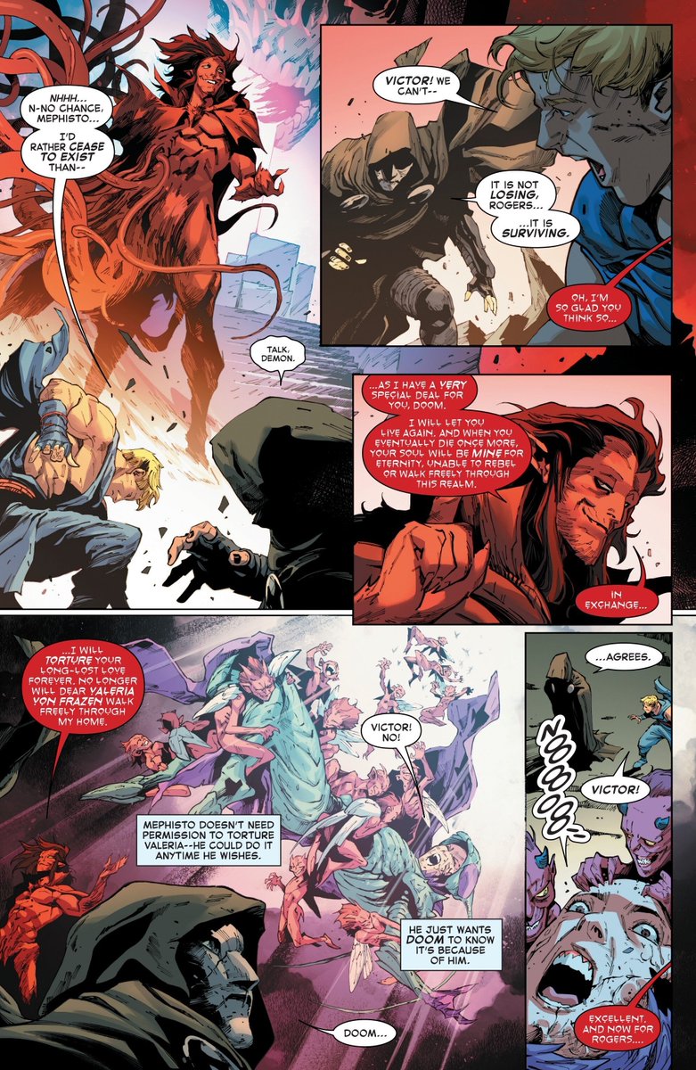 WillOfVonDoom's tweet photo. //Spoilers for the new Captain America issue, I guess:

Victor letting Mephisto torture his former flame Valeria in Hell so he can live again? Based.

My man once used her skin as his armor to augment his magic powers before, so this ain't out of left field to me. https://t.co/rRRpfkUuv5