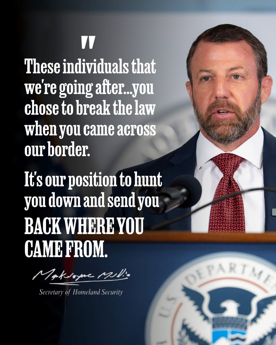 DHSgov's tweet photo. If you’re here illegally, we will hunt you down and send you BACK.
 
There are NO EXCEPTIONS. https://t.co/jtb2dvncYM